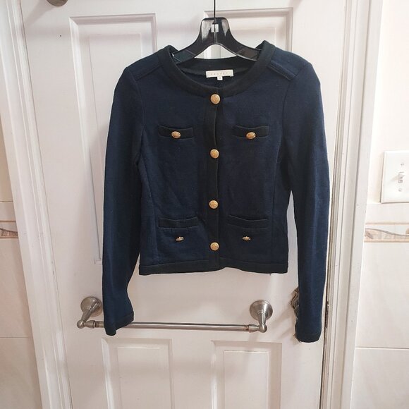 Sandro Wool Navy Blue Black Embossed Button Cardigan - Picture 1 of 9